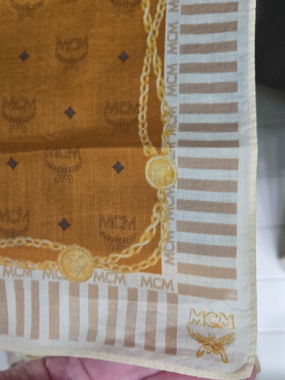MCM Vintage Gold and Cream Logo Handkerchief Scarf - Picture 5 of 8